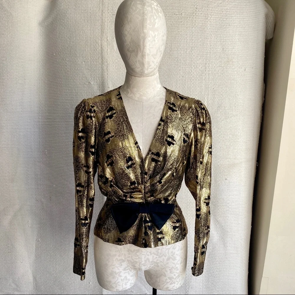 Vintage 60s 70s Metallic Top S Disco Party Blouse Black Gold Print - Picture 3 of 8